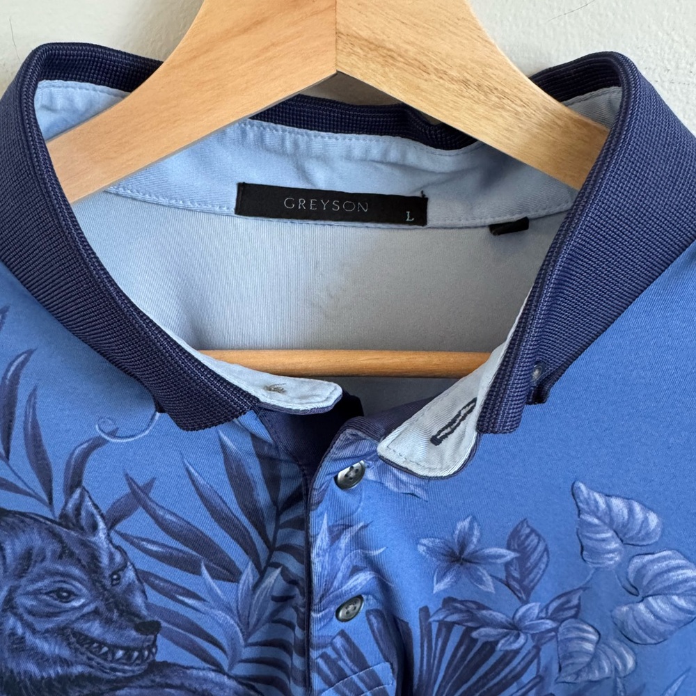 Greyson Men's Blue Golf polo shirts with wolf graphic. Excellent condition.